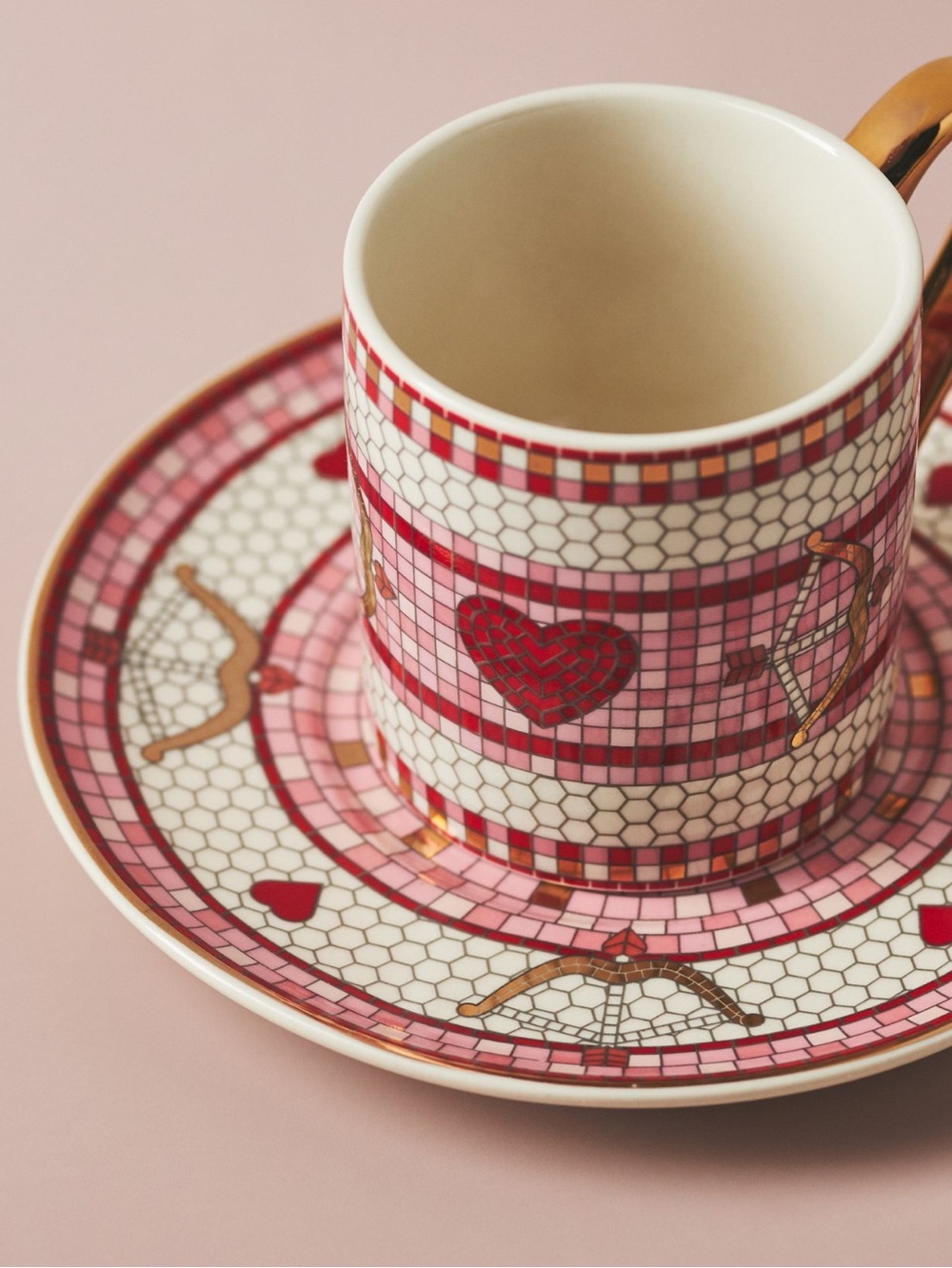 Anthropologie Bistro Espresso Cup Saucer 24KT Tile Stoneware Heart Bow & Arrow - Picture 2 of 14